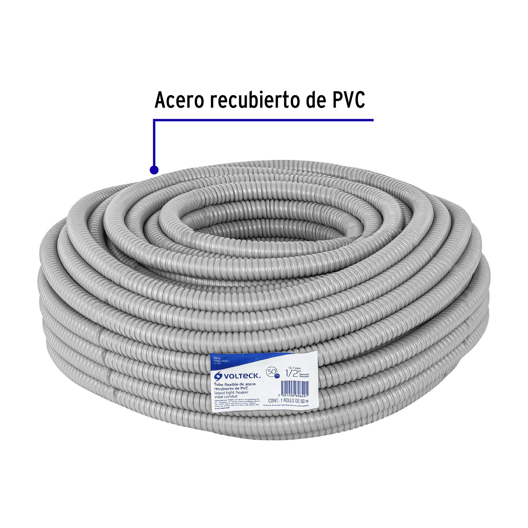 Tubo flexible recubierto de pvc 1/2", rollo 50 m, Volteck