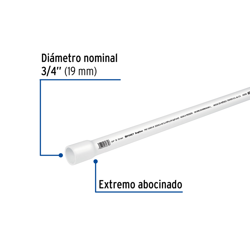 Tubo de PVC hidráulico cédula 40, 3/4", tramo 3m