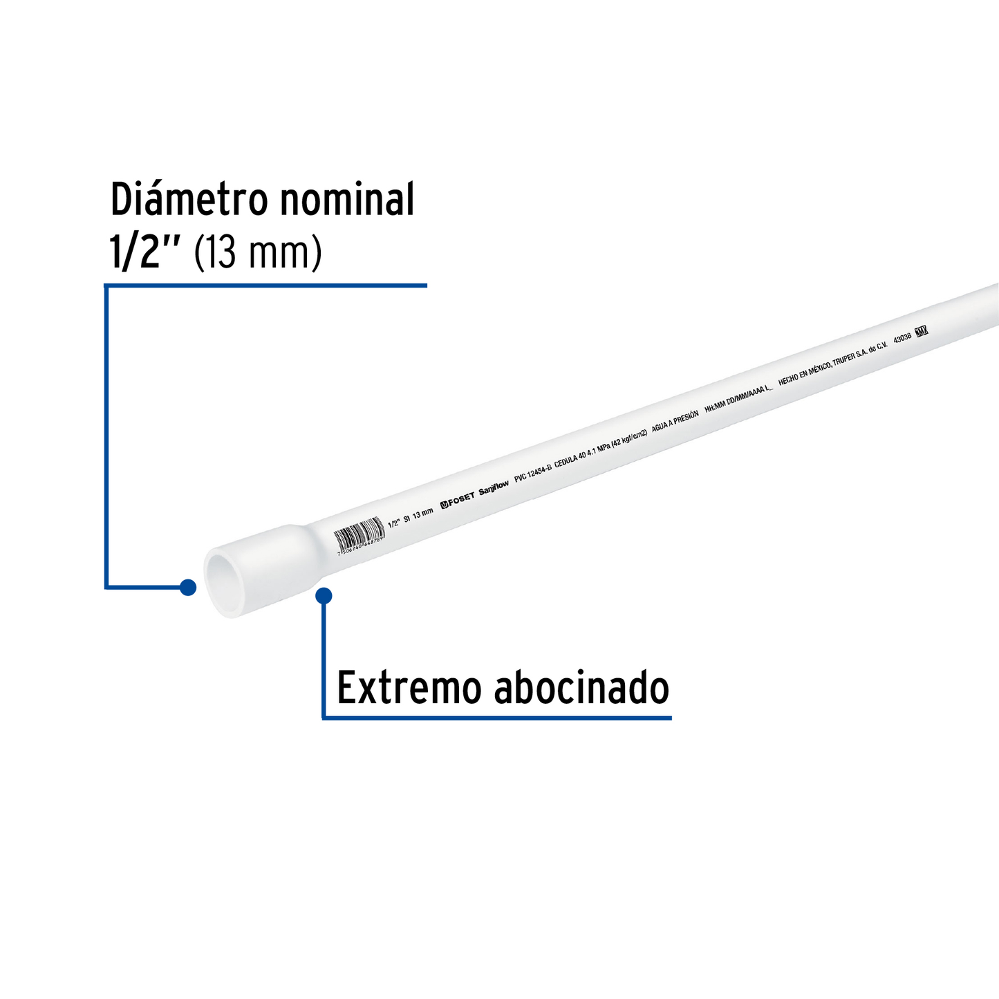 Tubo de PVC hidráulico cédula 40, 1/2", tramo 3m