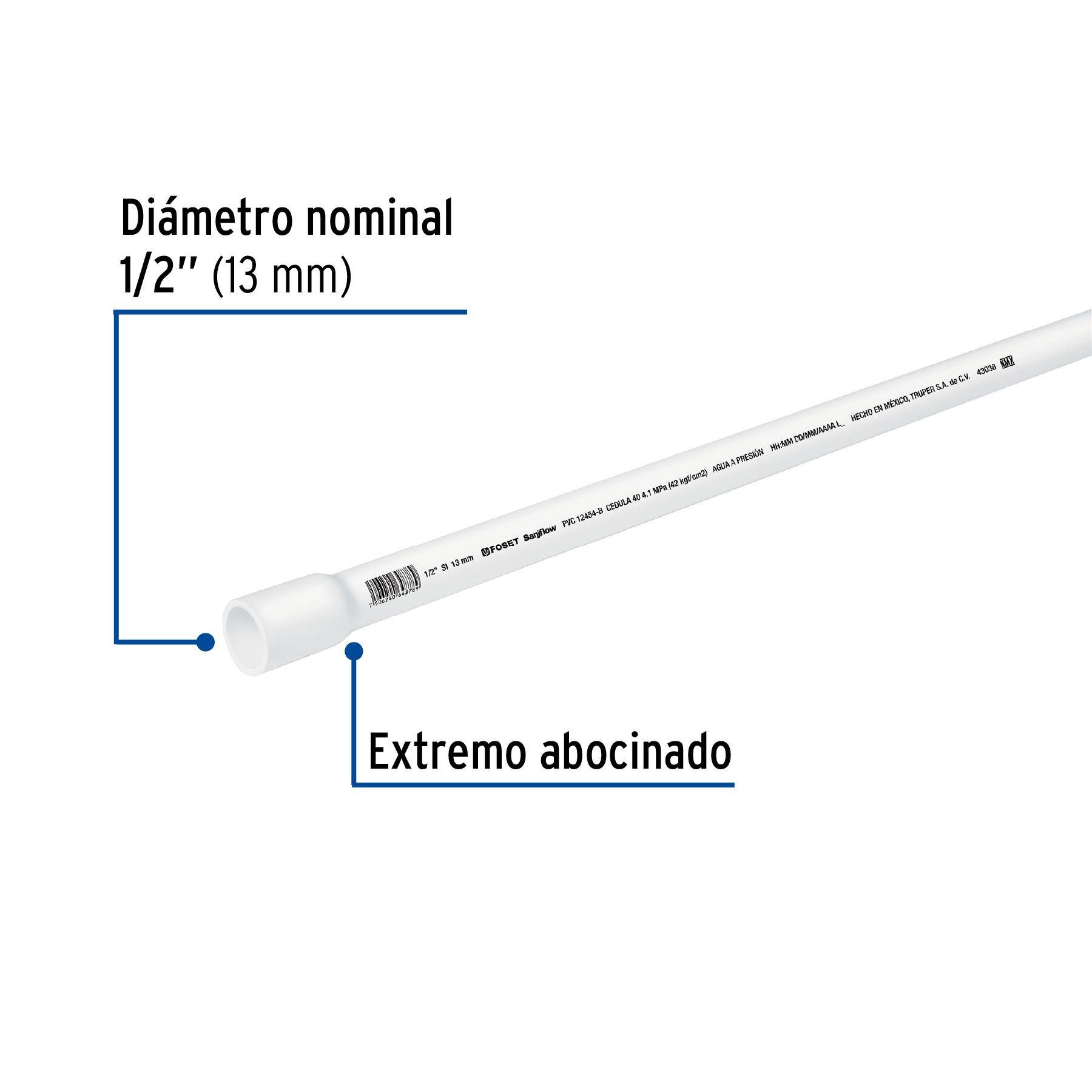 Tubo de PVC hidráulico cédula 40, 1/2", tramo 3m