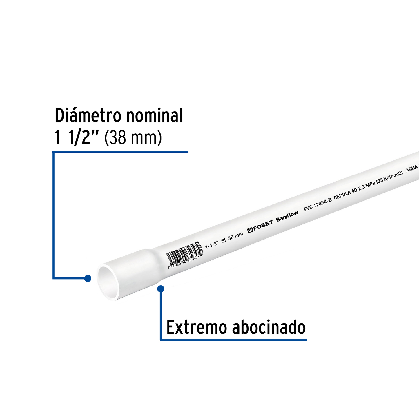 Tubo de PVC hidráulico cédula 40, 1-1/2", tramo 3m
