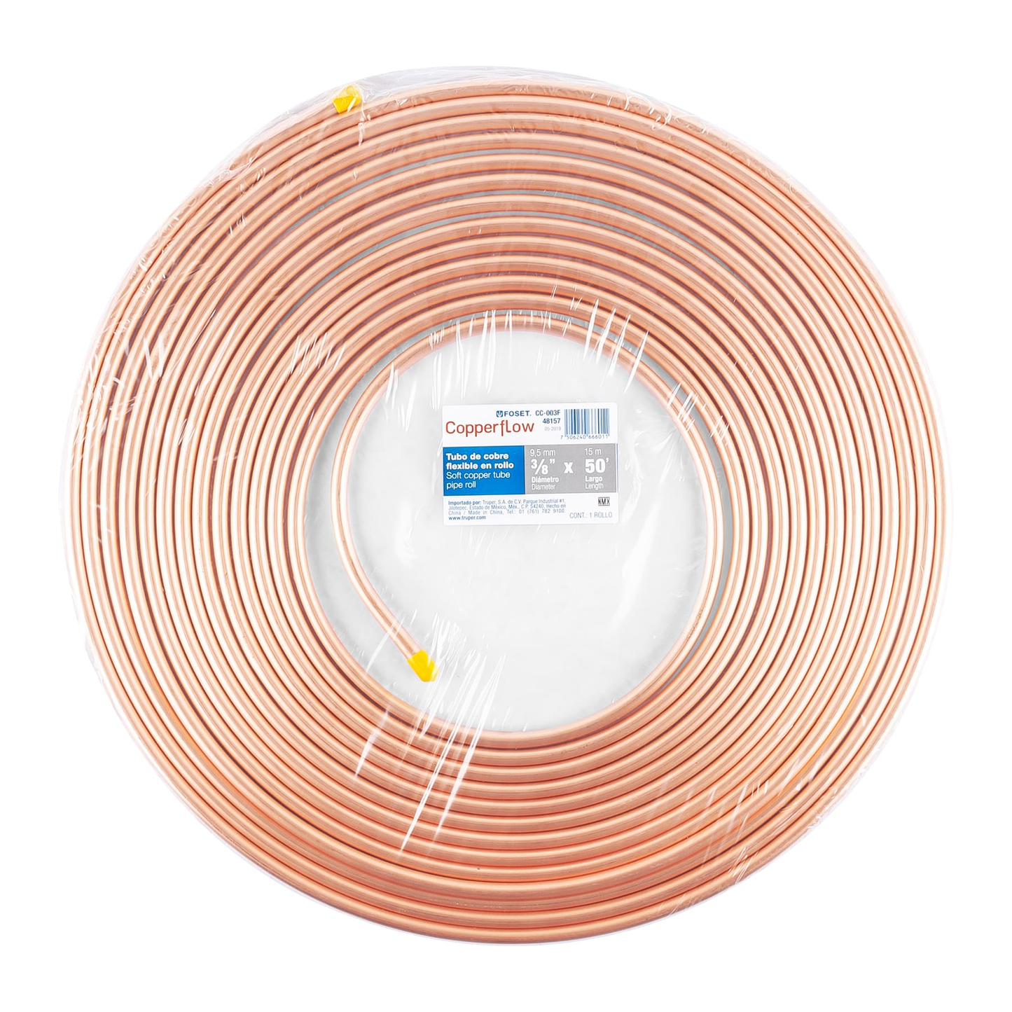 Tubo de cobre flexible, 3/8", rollo de 15 metros