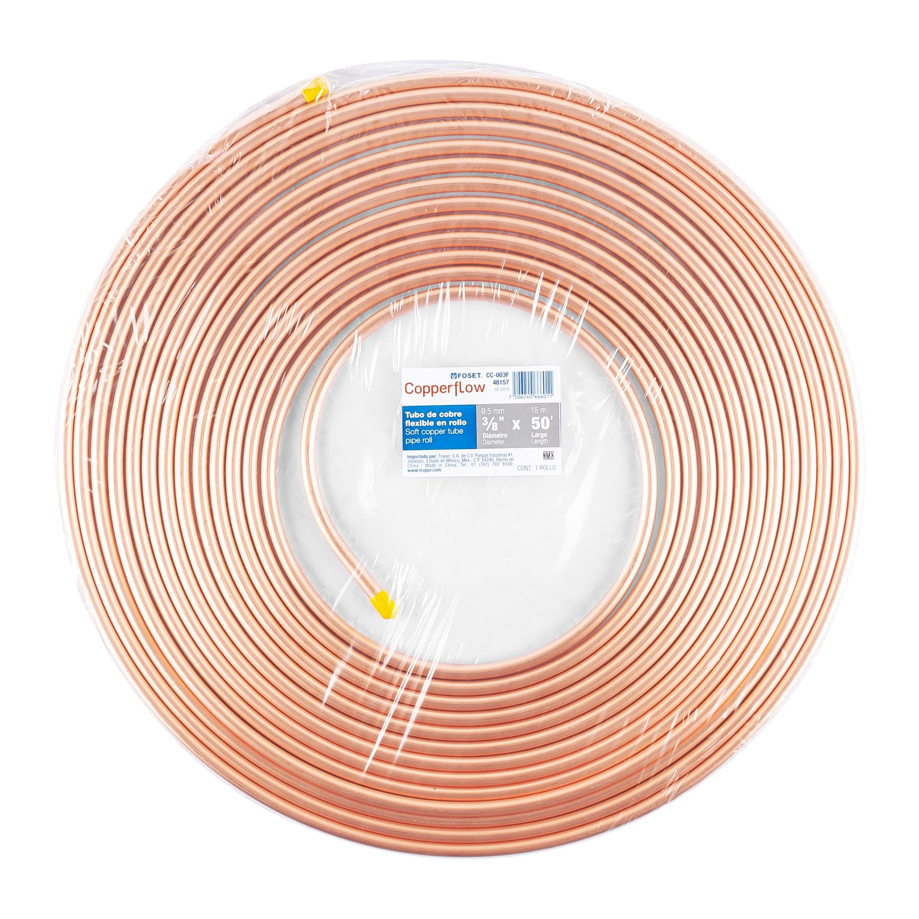 Tubo de cobre flexible, 3/8", rollo de 15 metros