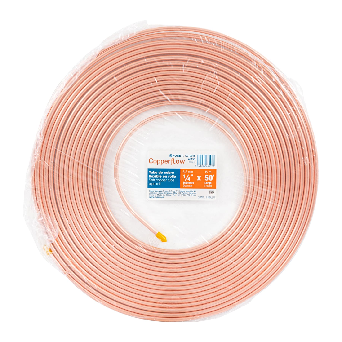 Tubo de cobre flexible, 1/4", rollo de 15 metros