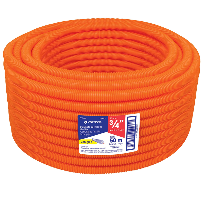Tubo corrugado flexible, 3/4", con guía, rollo 50 m, Volteck