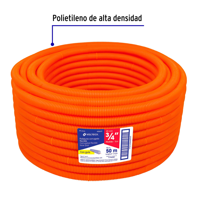 Tubo corrugado flexible, 3/4", con guía, rollo 50 m, Volteck