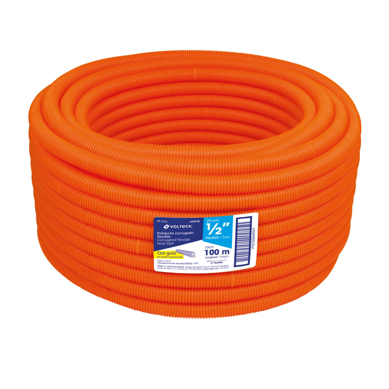 Tubo corrugado flexible, 1/2", con guía, rollo 100 m,Volteck