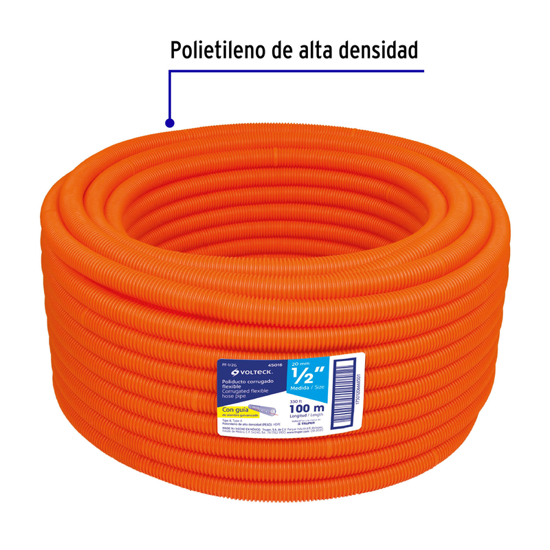 Tubo corrugado flexible, 1/2", con guía, rollo 100 m,Volteck