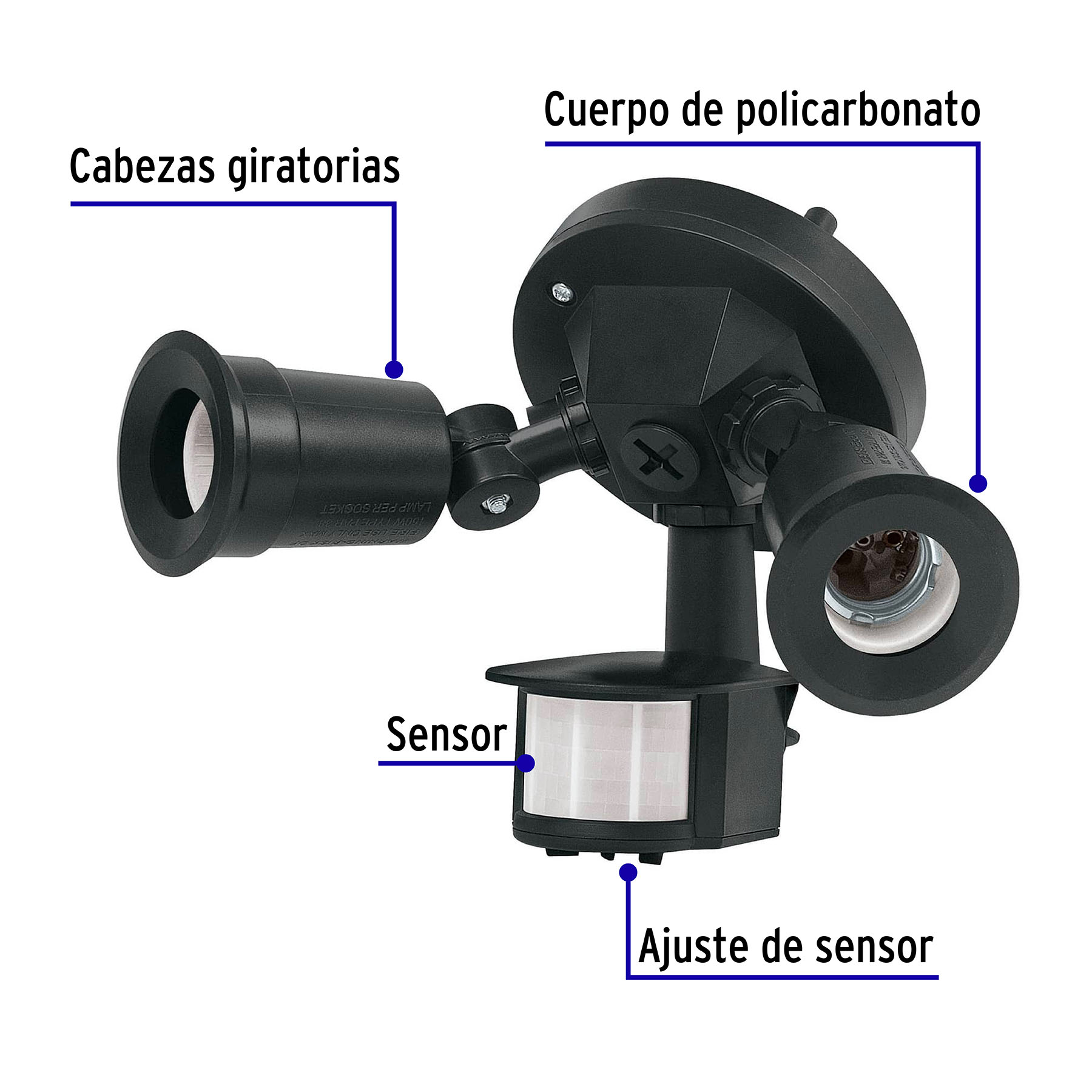 Arbotante negro con sensor de movimiento, 2XE26, Max. 300 W