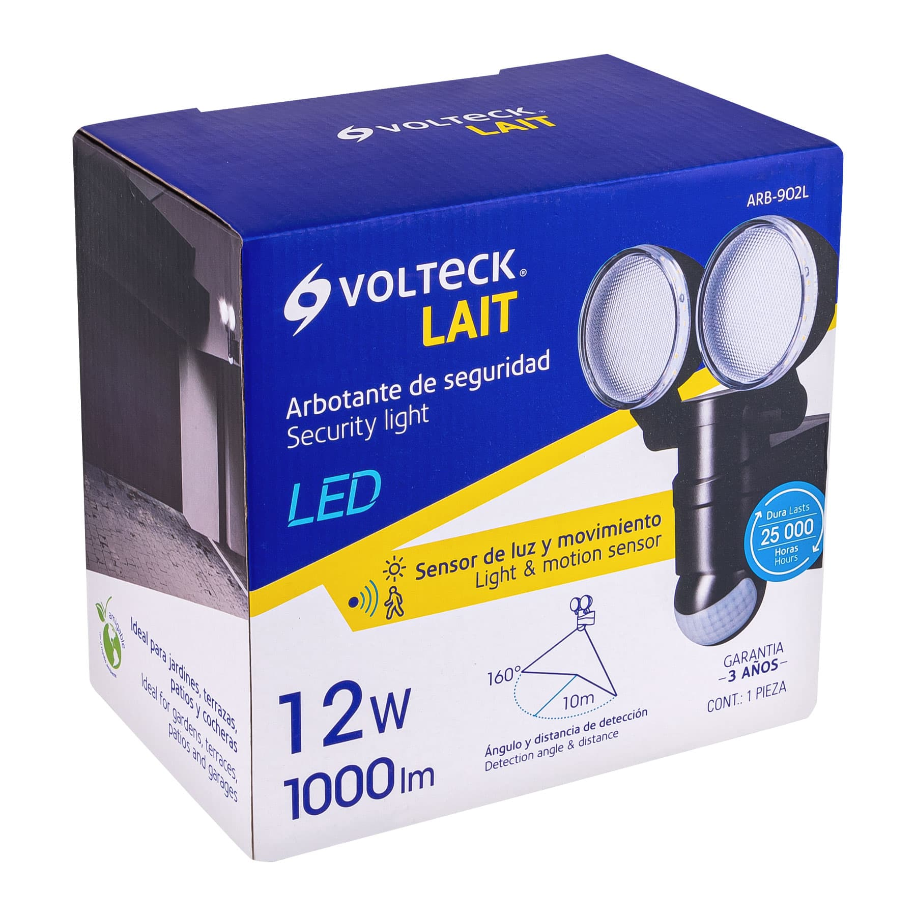Arbotante negro con sensor de movimiento, LED, 12 W