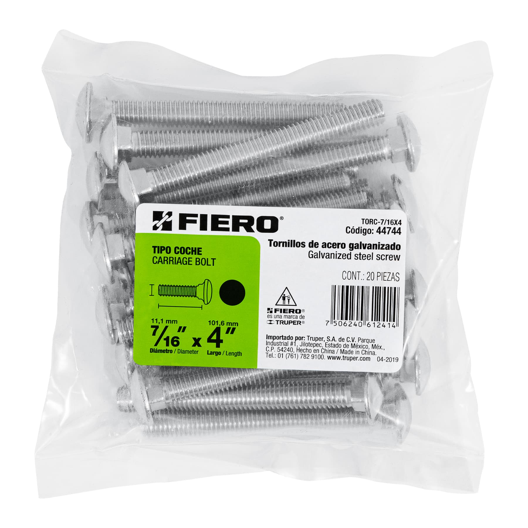 Tornillo tipo coche, galvanizado, 7/16 X 4", 20 piezas