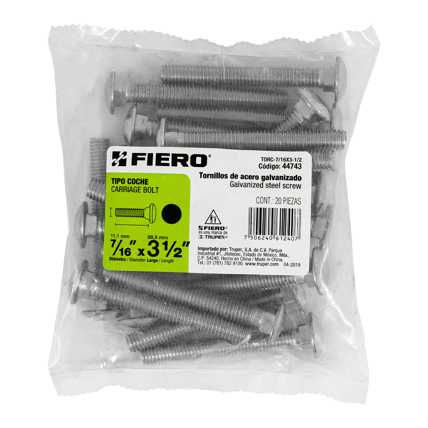 Tornillo tipo coche, galvanizado, 7/16 X 3-1/2", 20 piezas