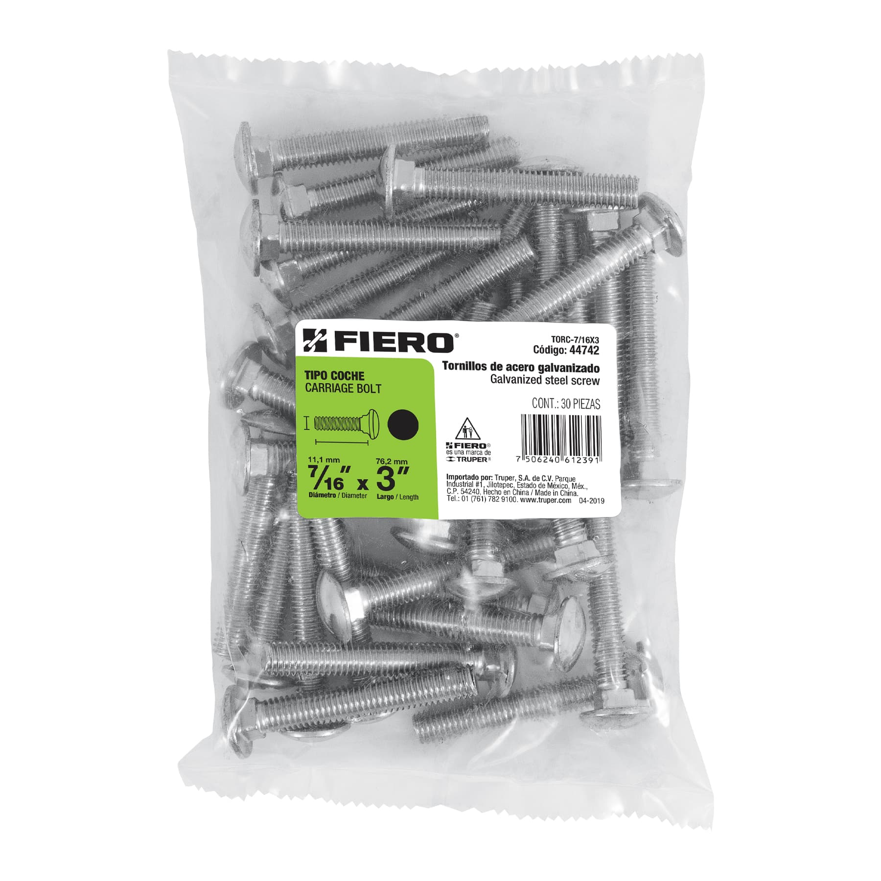 Tornillo tipo coche, galvanizado, 7/16 X 3", 30 piezas