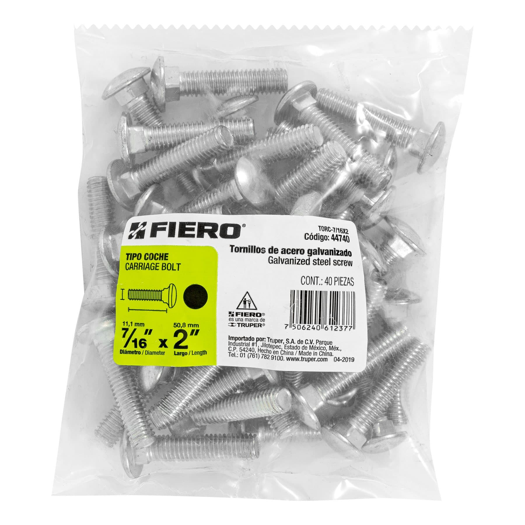 Tornillo tipo coche, galvanizado, 7/16 X 2", 40 piezas