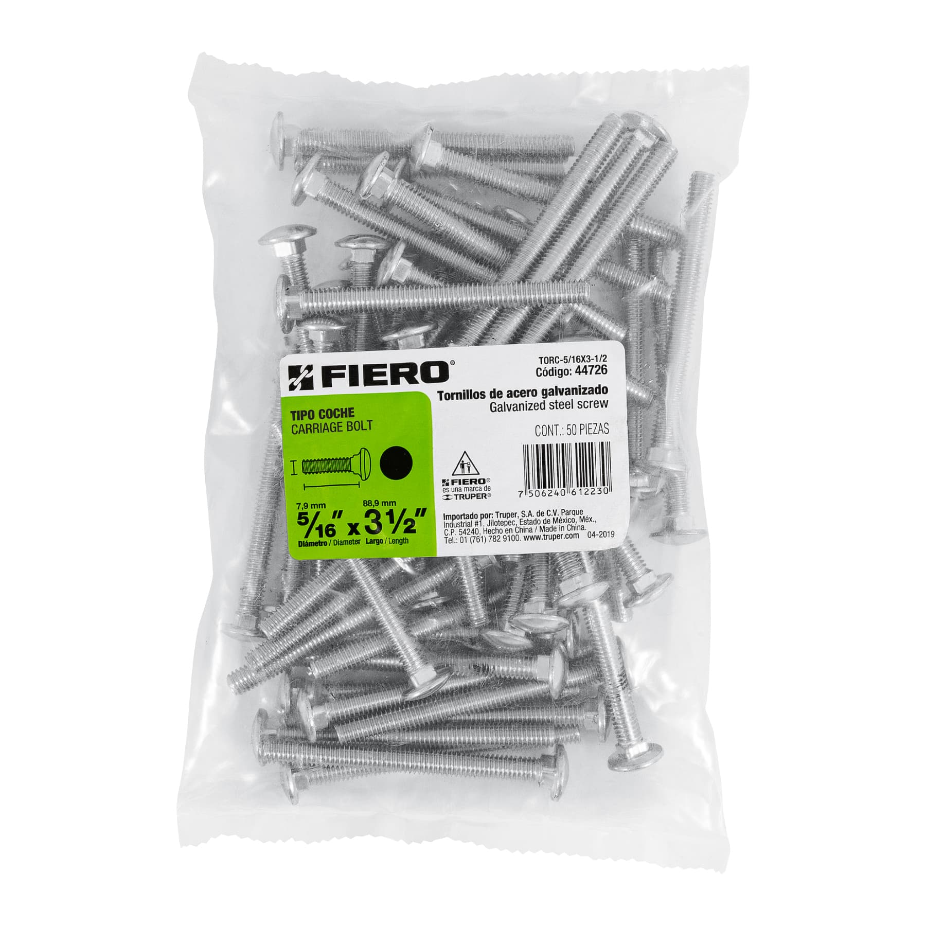 Tornillo tipo coche, galvanizado, 5/16 X 3-1/2", 50 piezas