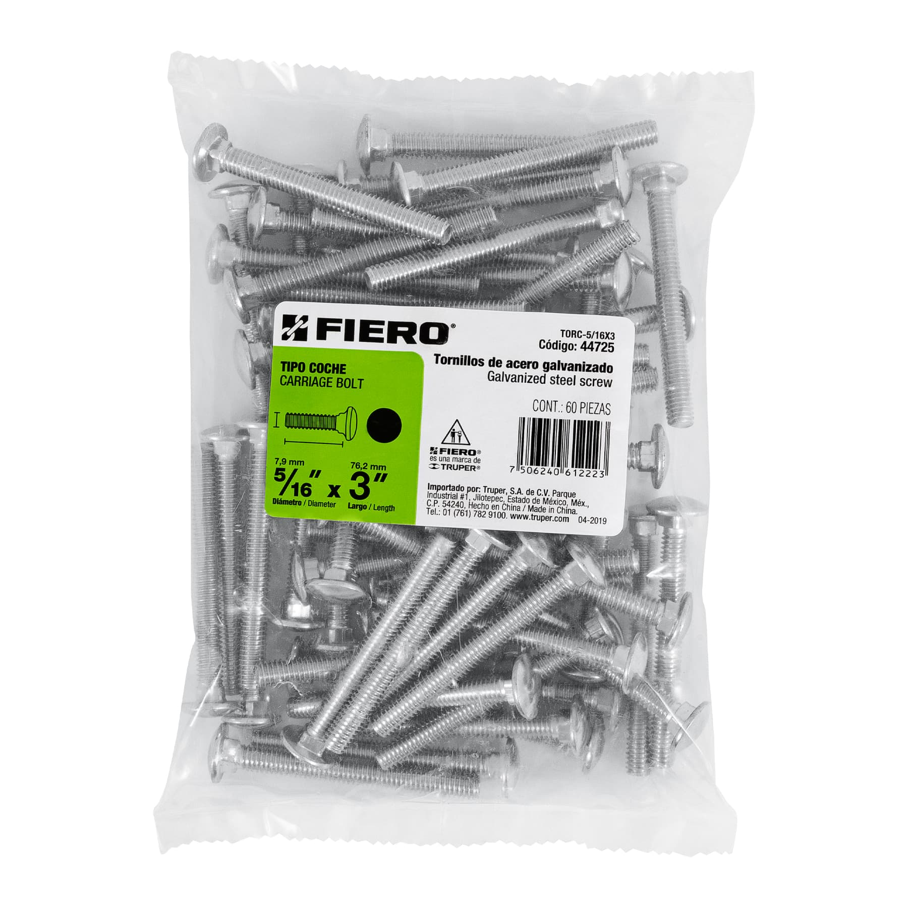 Tornillo tipo coche, galvanizado, 5/16 X 3", 60 piezas