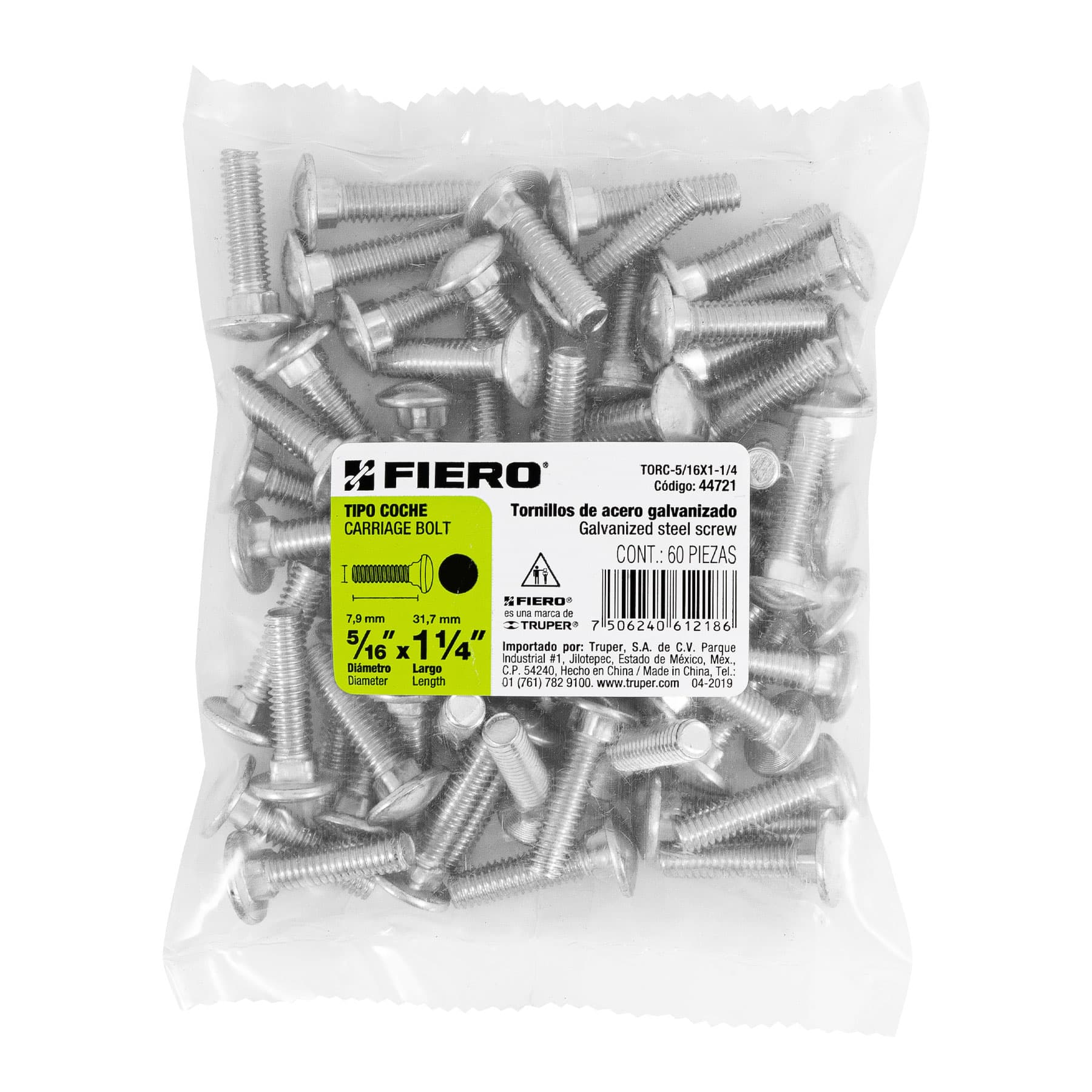 Tornillo tipo coche, galvanizado, 5/16 X 1-1/4", 60 piezas