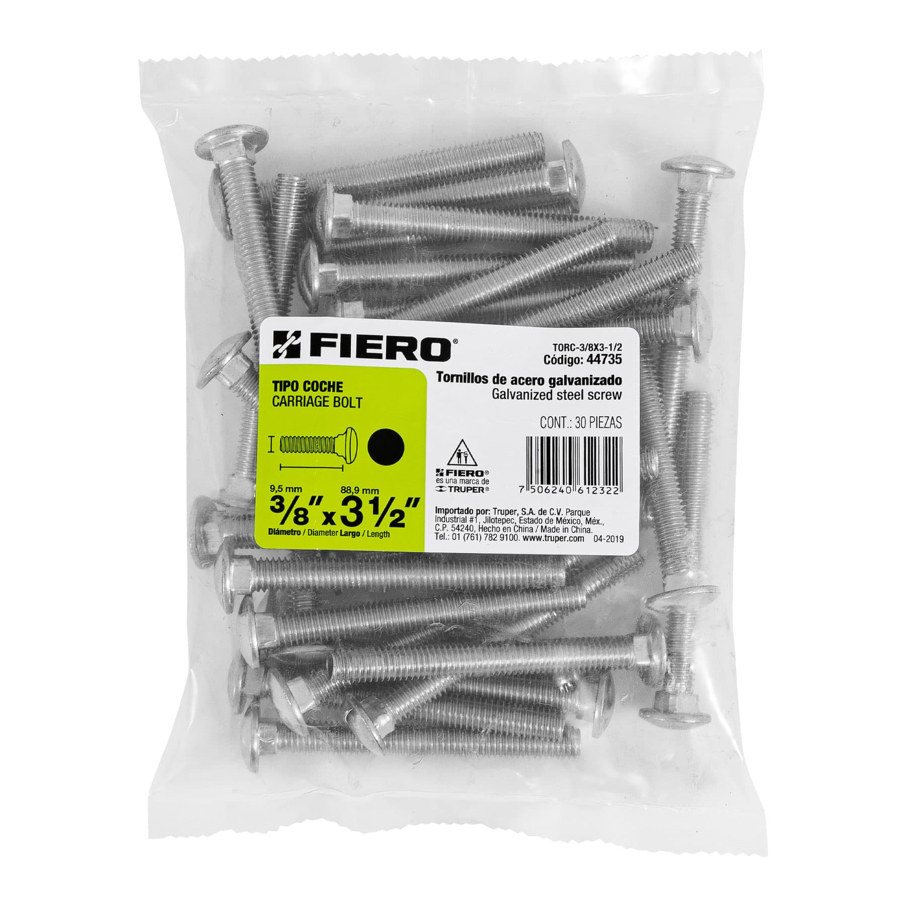 Tornillo tipo coche, galvanizado, 3/8 X 3-1/2", 30 piezas