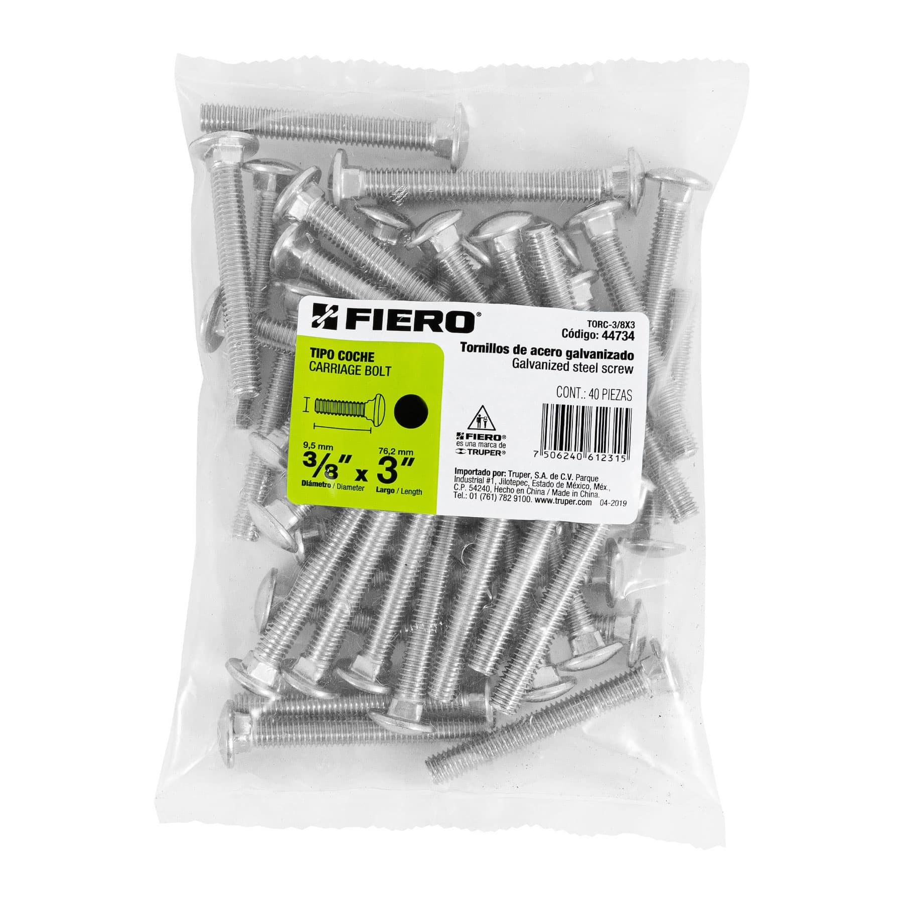 Tornillo tipo coche, galvanizado, 3/8 X 3", 40 piezas