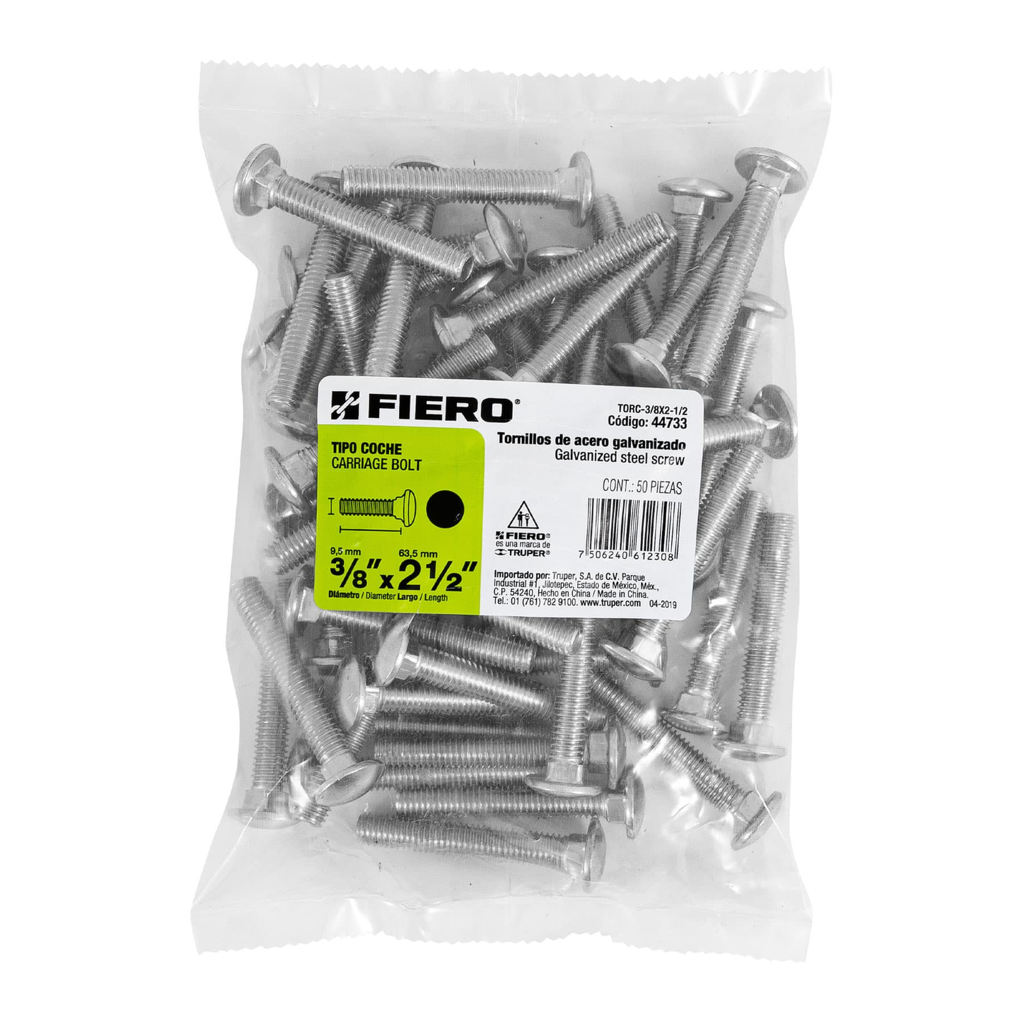 Tornillo tipo coche, galvanizado, 3/8 X 2-1/2", 50 piezas