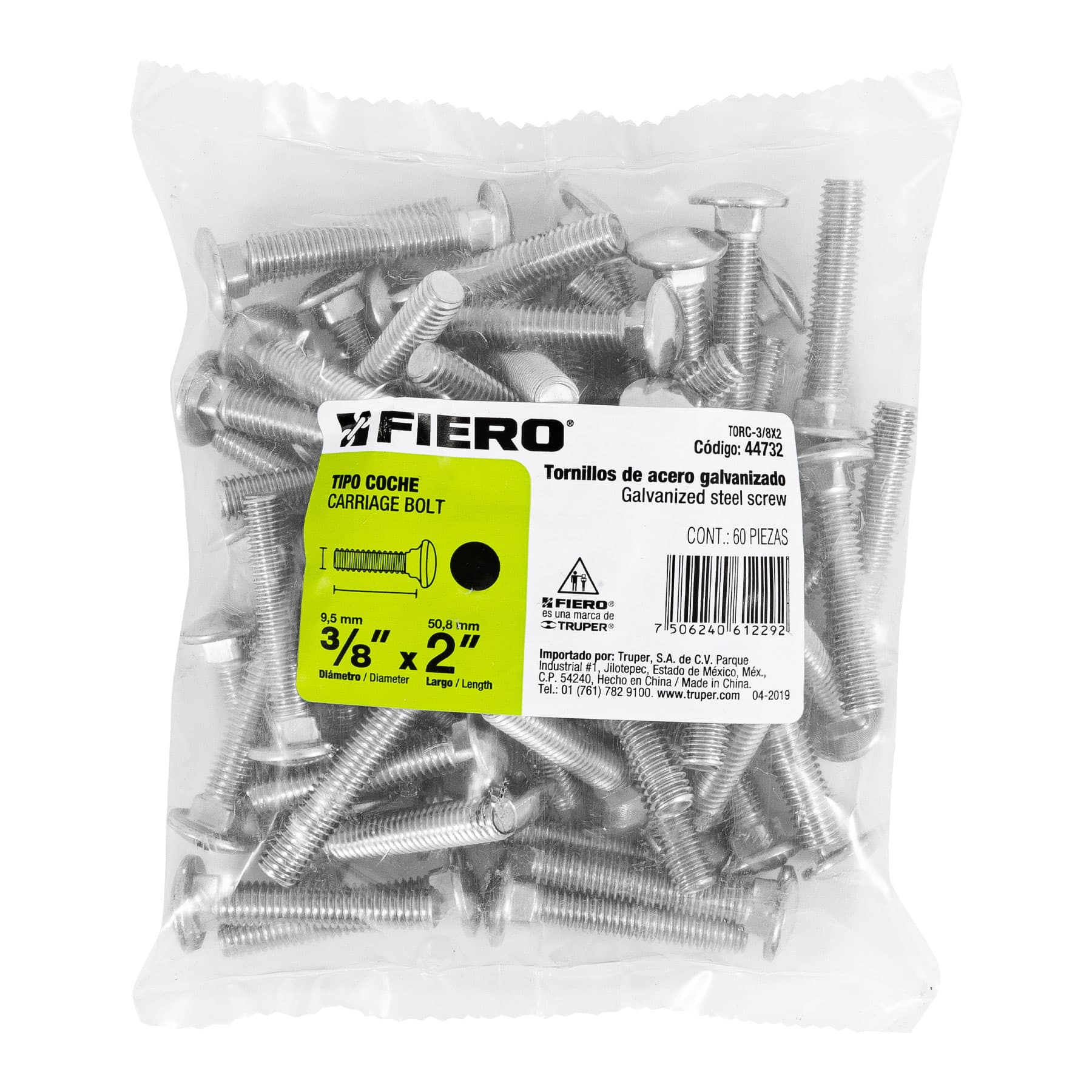 Tornillo tipo coche, galvanizado, 3/8 X 2", 60 piezas