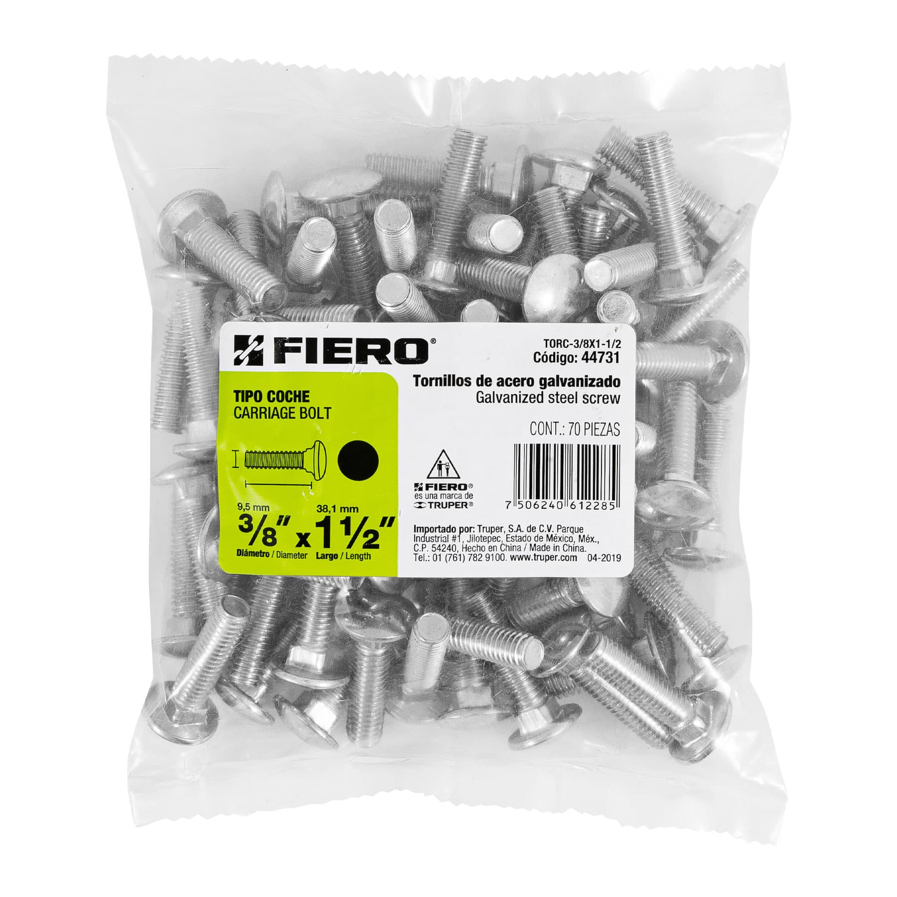 Tornillo tipo coche, galvanizado, 3/8 X 1-1/2", 70 piezas