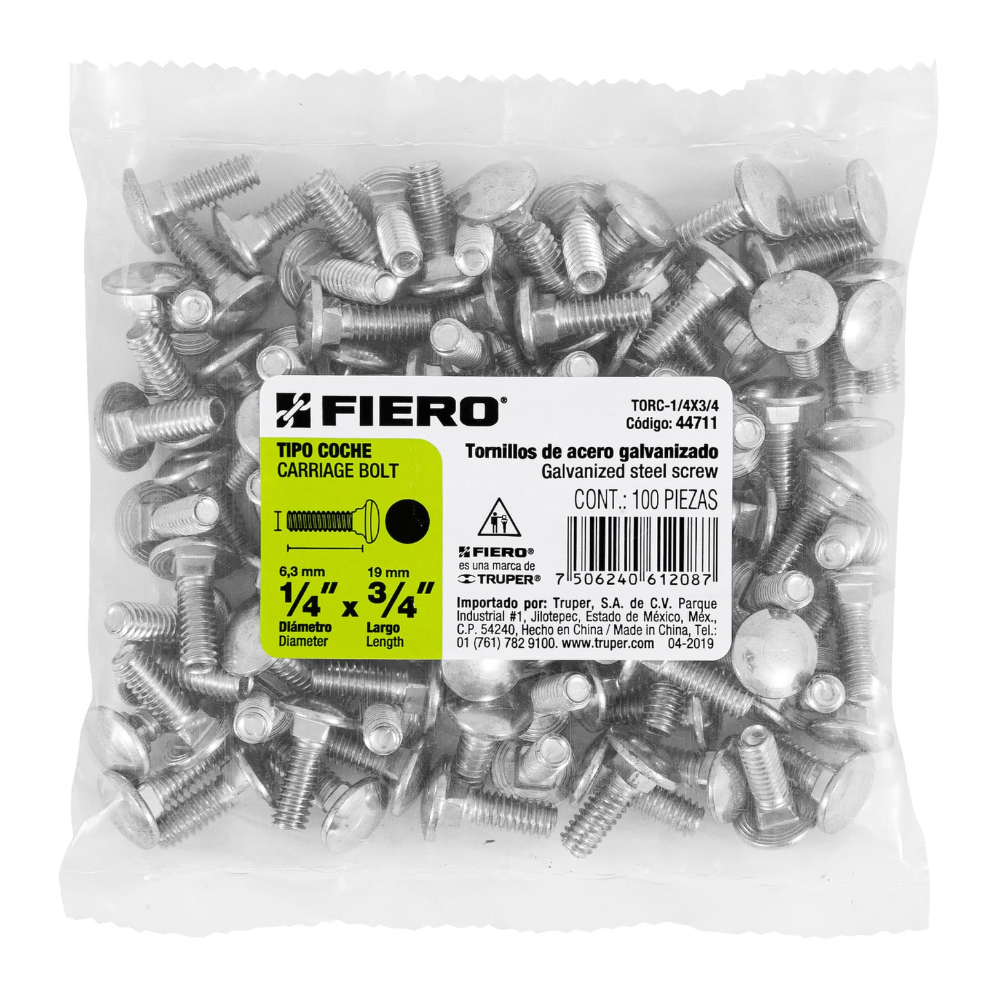 Tornillo tipo coche, galvanizado, 1/4 X 3/4", 100 piezas