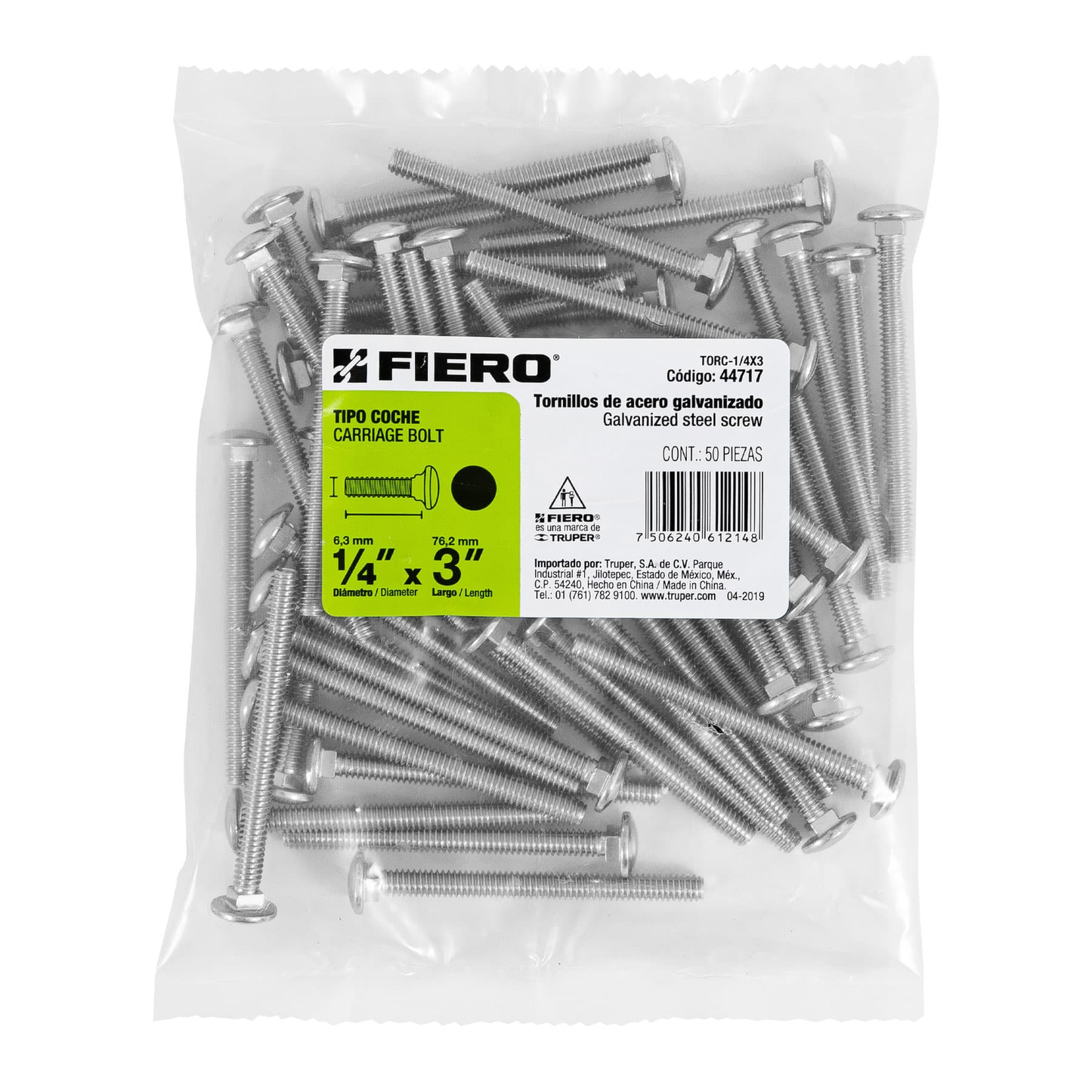 Tornillo tipo coche, galvanizado, 1/4 X 3", 50 piezas