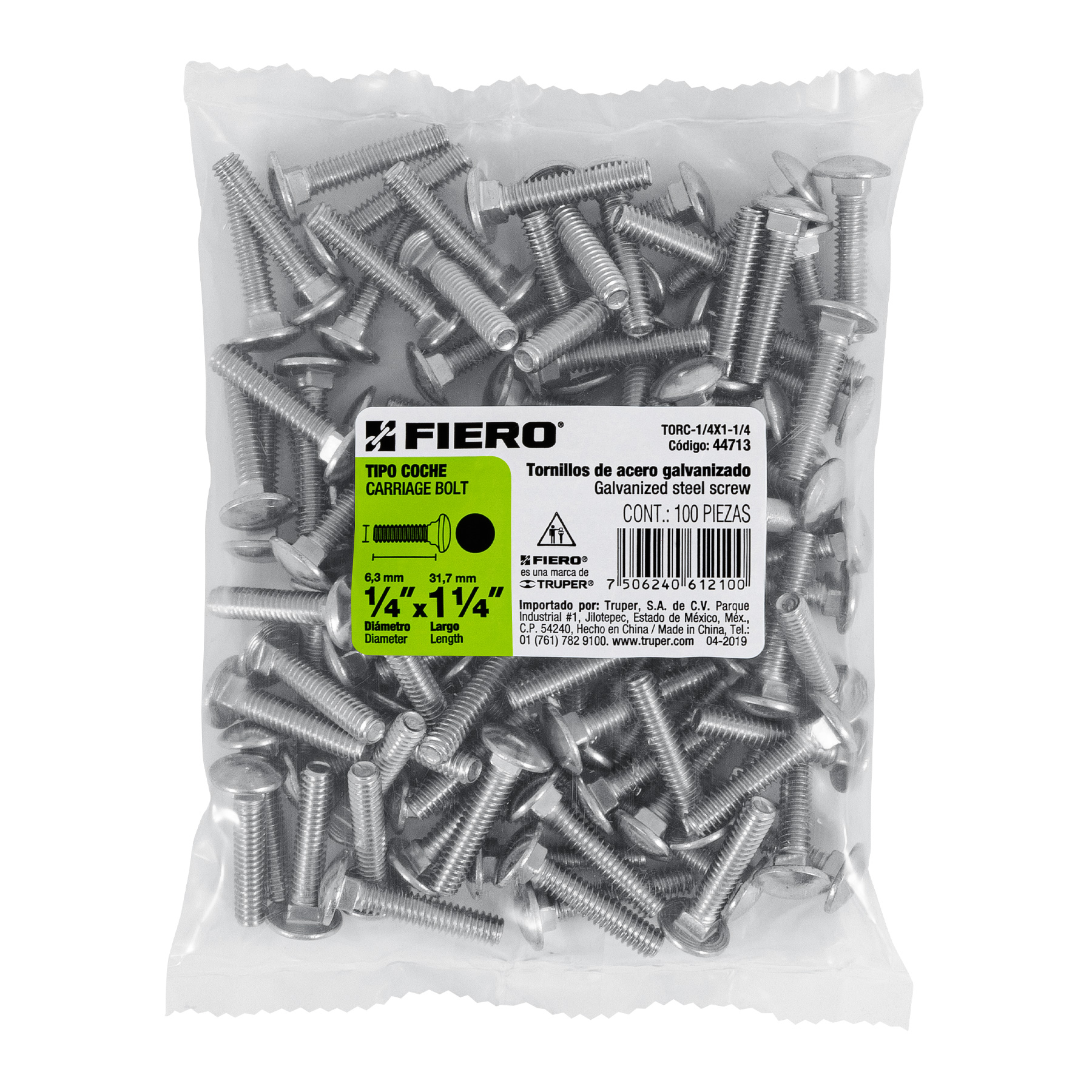 Tornillo tipo coche, galvanizado, 1/4 X 1-1/4", 100 piezas