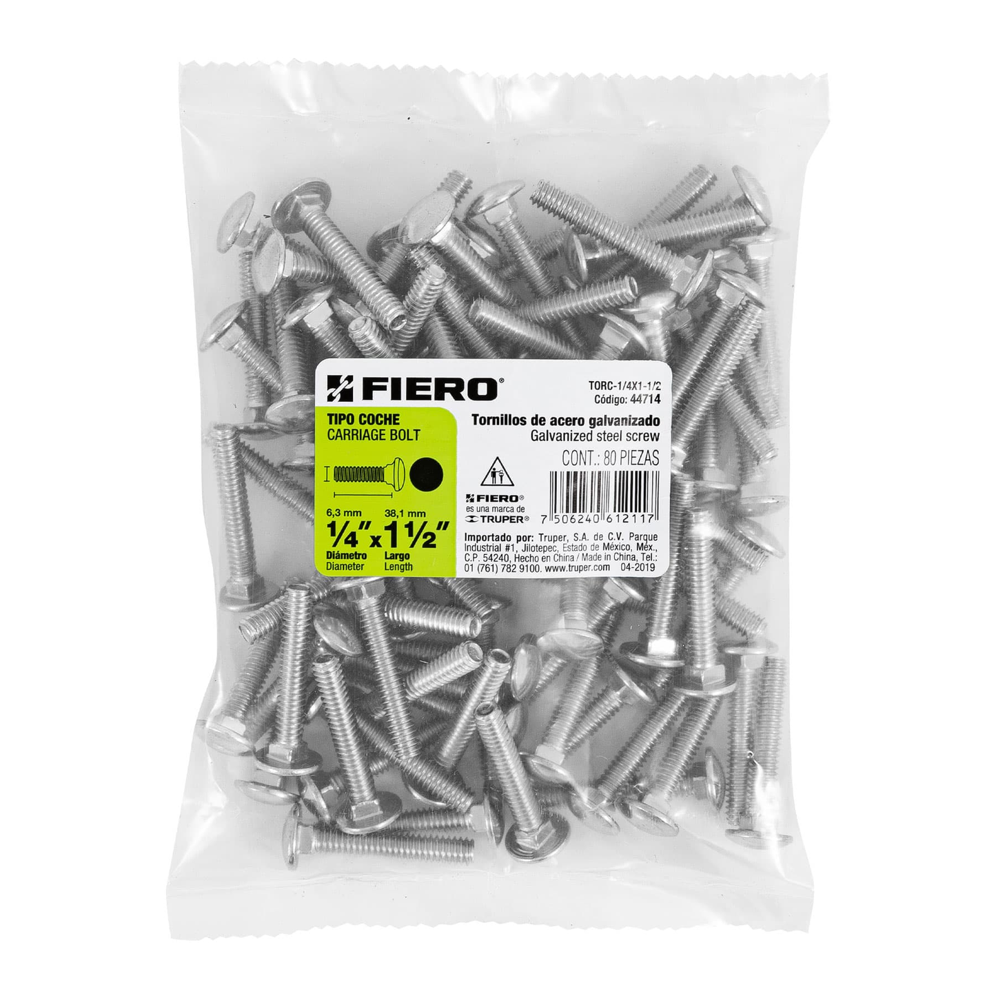Tornillo tipo coche, galvanizado, 1/4 X 1-1/2", 80 piezas