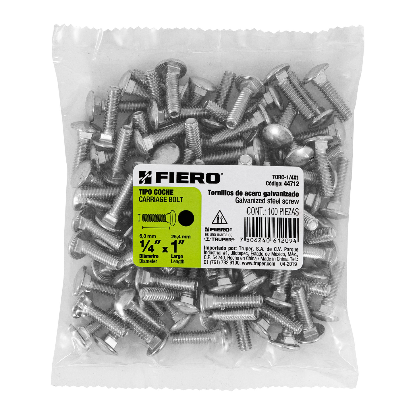 Tornillo tipo coche, galvanizado, 1/4 X 1", 100 piezas