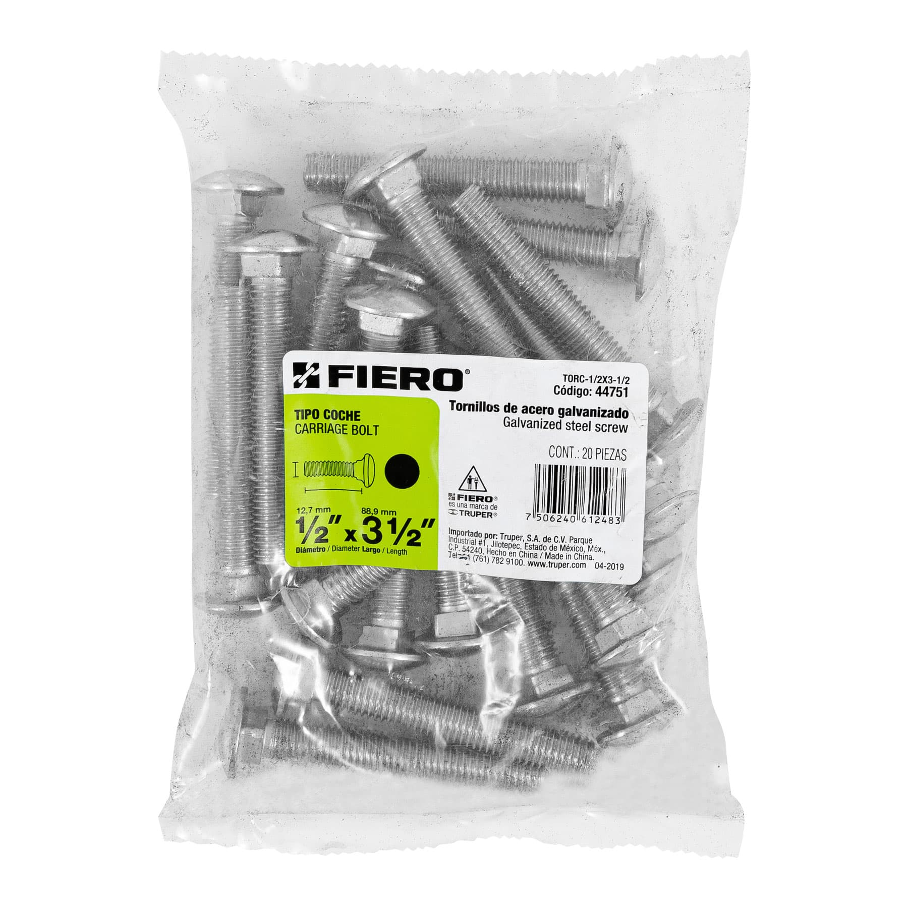 Tornillo tipo coche, galvanizado, 1/2 X 3-1/2", 20 piezas