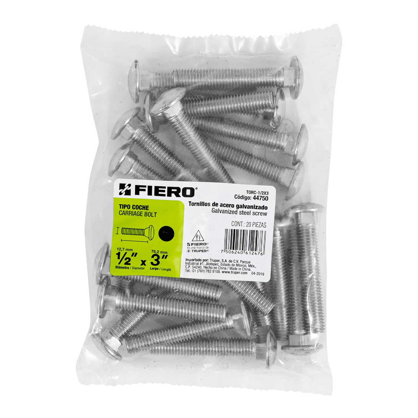 Tornillo tipo coche, galvanizado, 1/2 X 3", 20 piezas