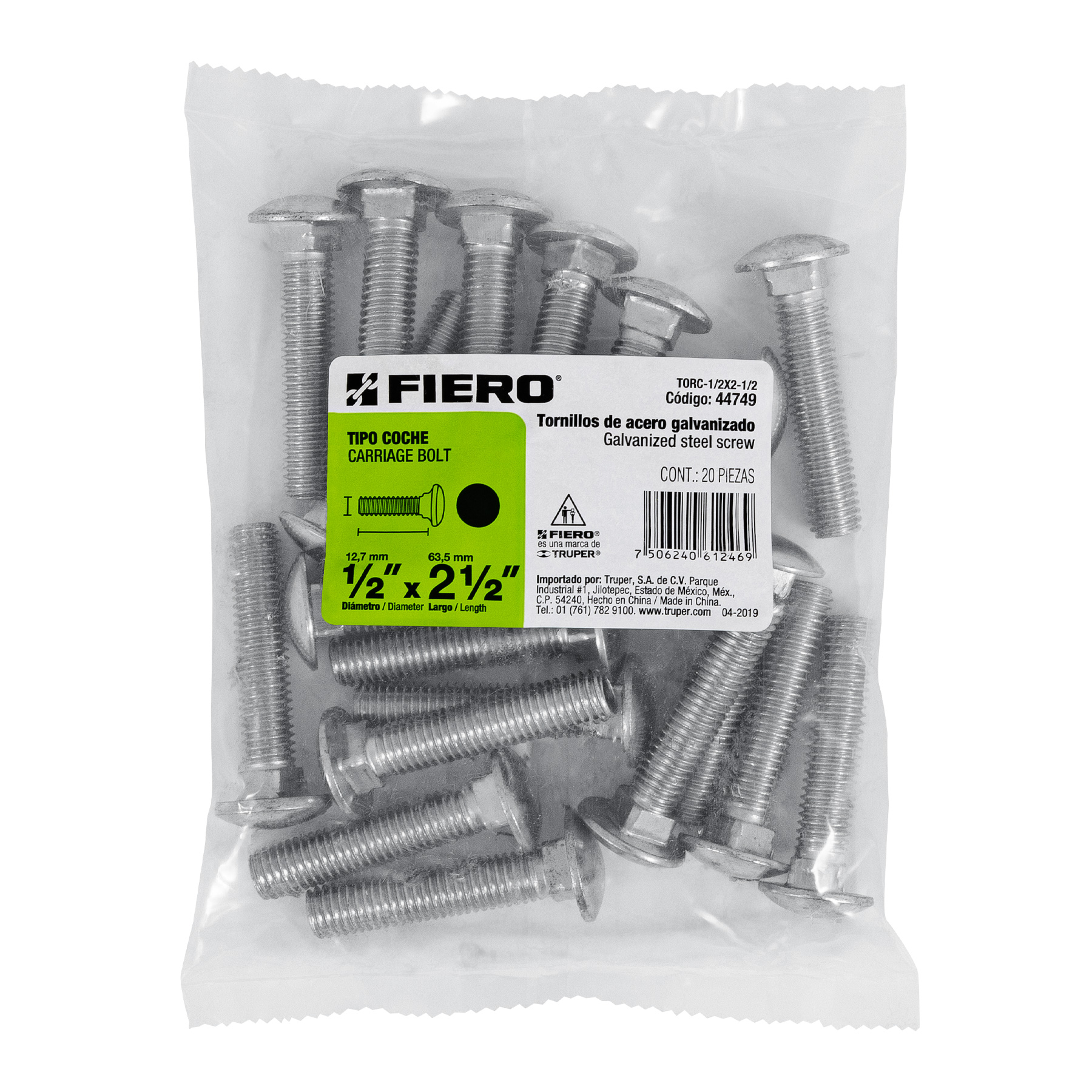 Tornillo tipo coche, galvanizado, 1/2 X 2-1/2", 20 piezas