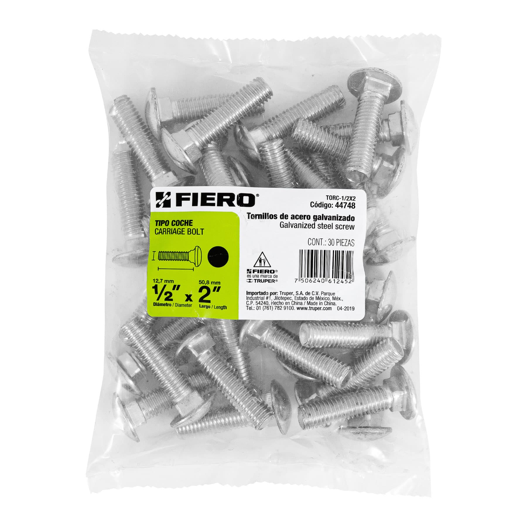 Tornillo tipo coche, galvanizado, 1/2 X 2", 30 piezas