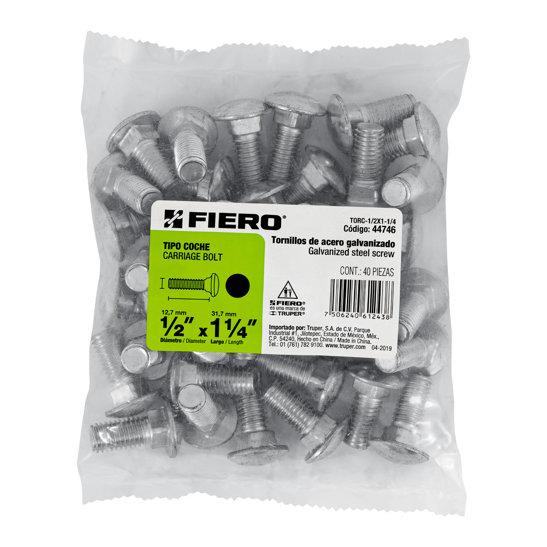 Tornillo tipo coche, galvanizado, 1/2 X 1-1/4", 40 piezas