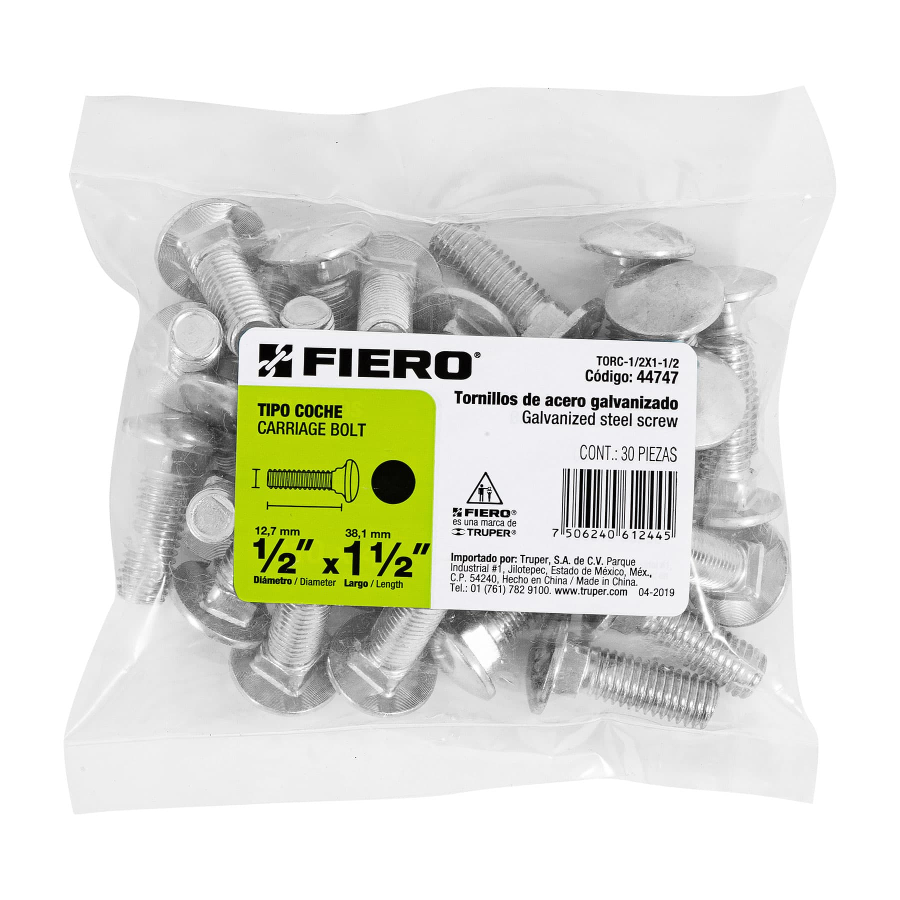 Tornillo tipo coche, galvanizado, 1/2 X 1-1/2", 30 piezas