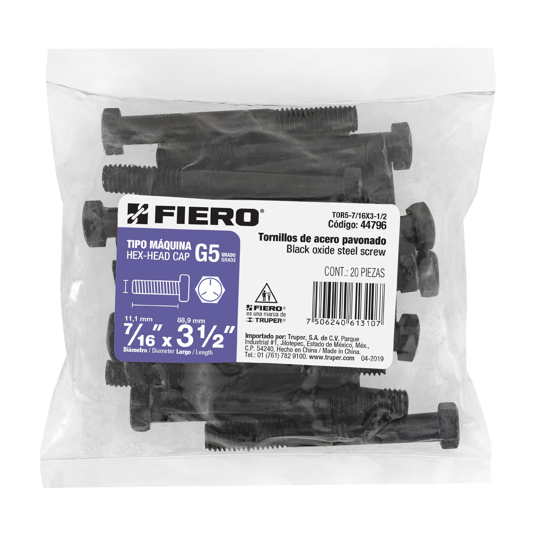 Tornillo Grado 5, 7/16 X 3-1/2", 20 piezas