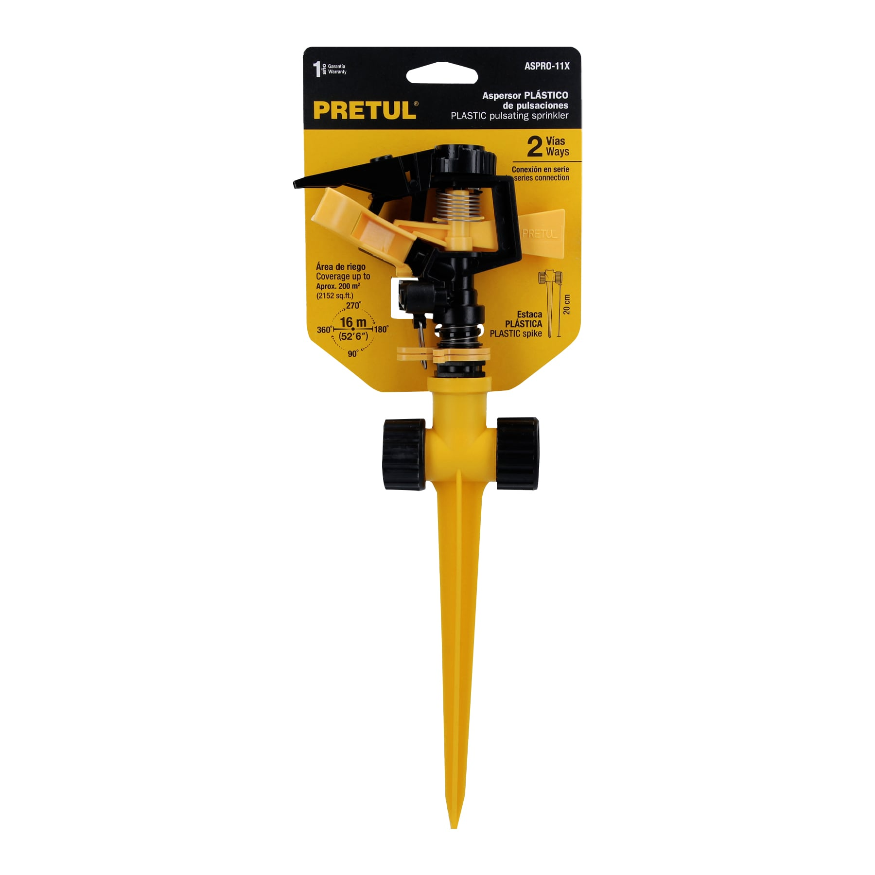 Aspersor plástico dos vías, estaca de 14 cm, pretul