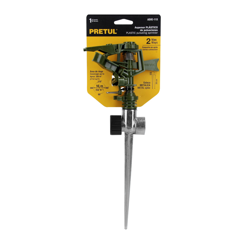 Aspersor verde, plástico, dos vías, estaca de zinc de 11"
