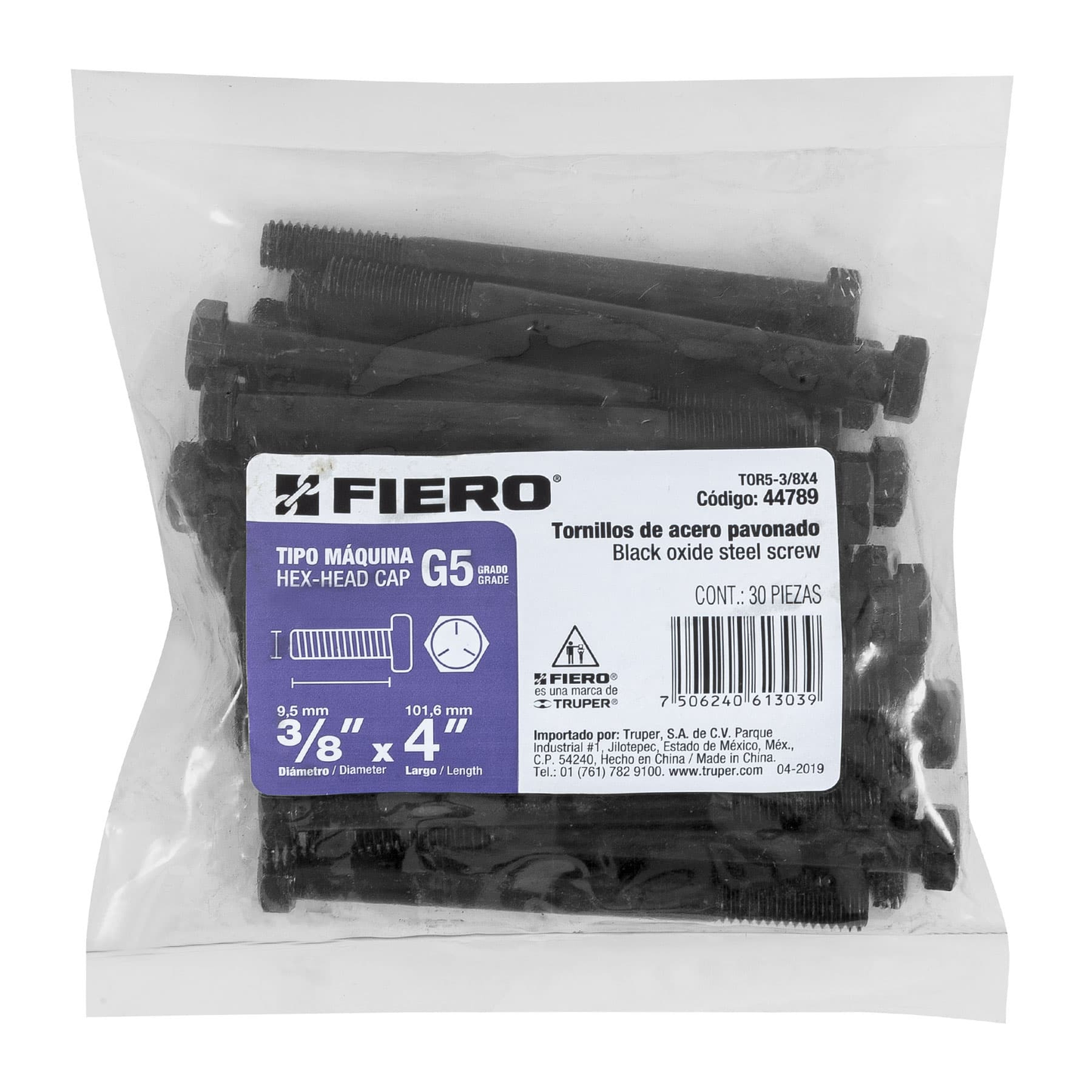 Tornillo Grado 5, 3/8 X 4", 30 piezas