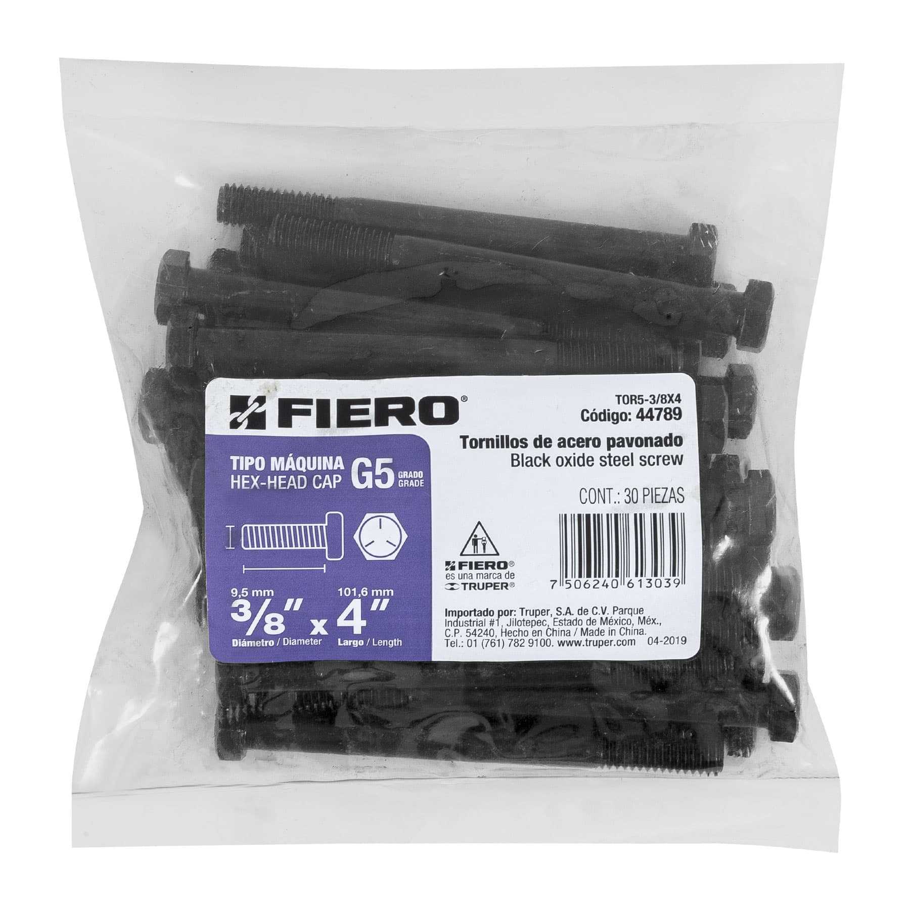 Tornillo Grado 5, 3/8 X 4", 30 piezas