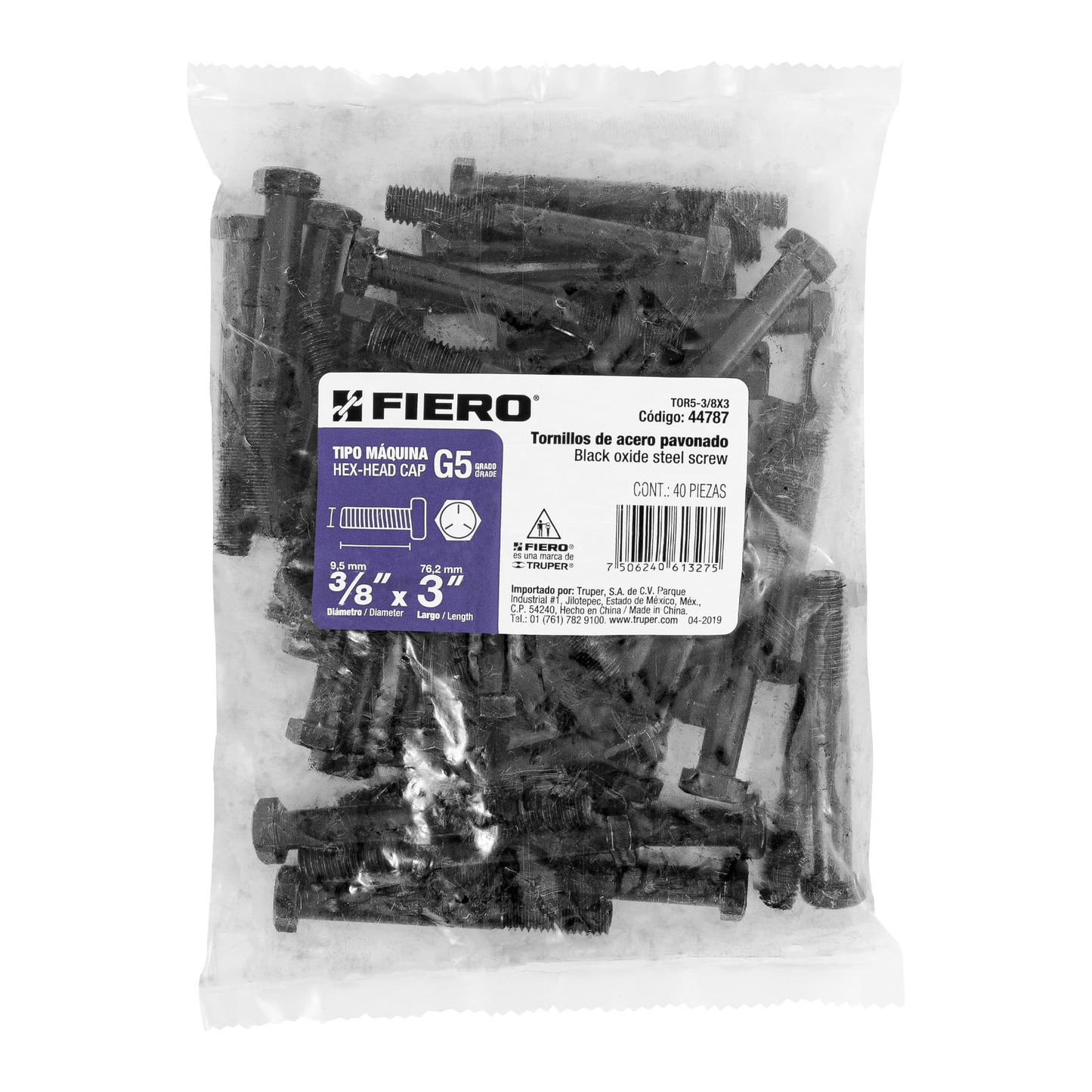 Tornillo Grado 5, 3/8 X 3", 40 piezas