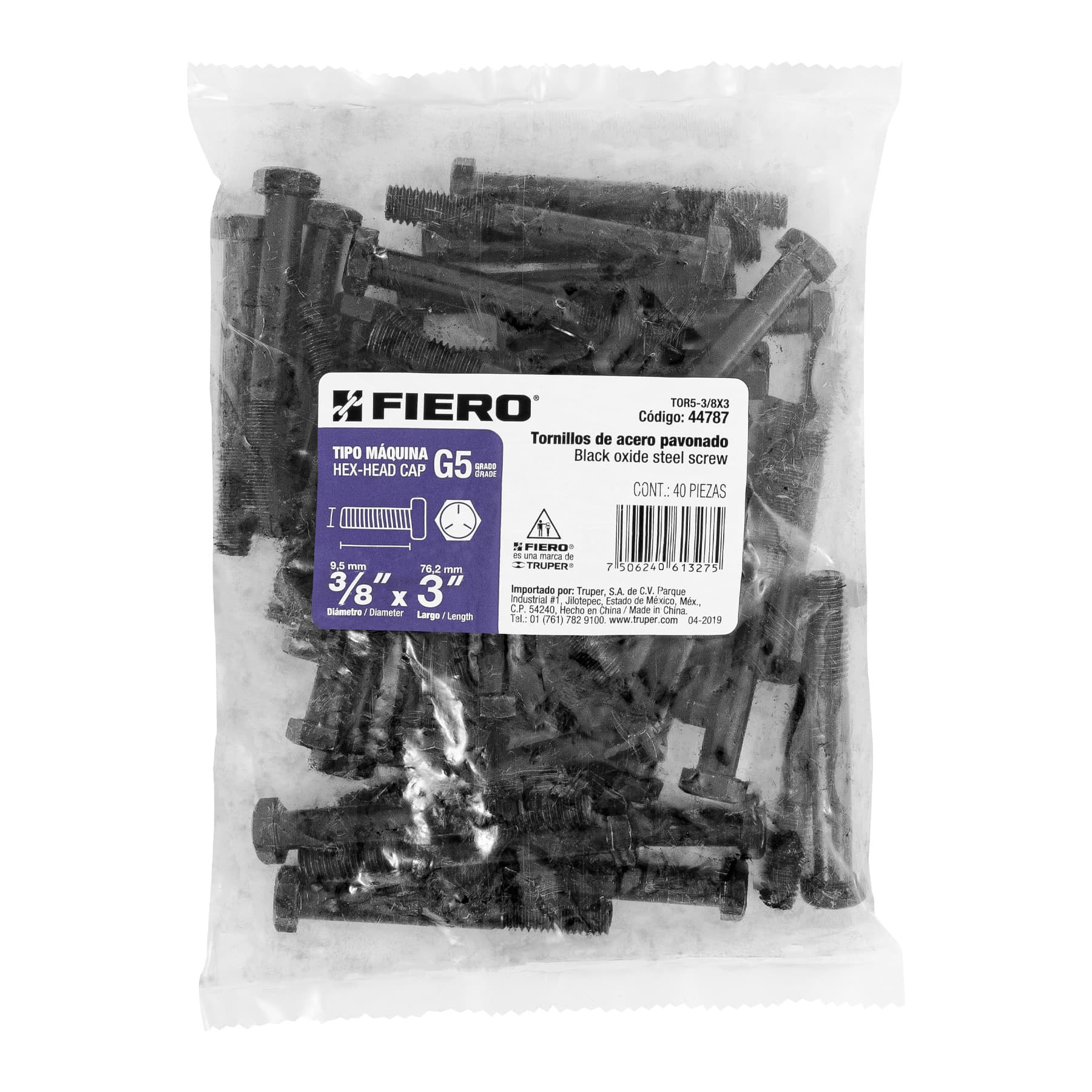 Tornillo Grado 5, 3/8 X 3", 40 piezas