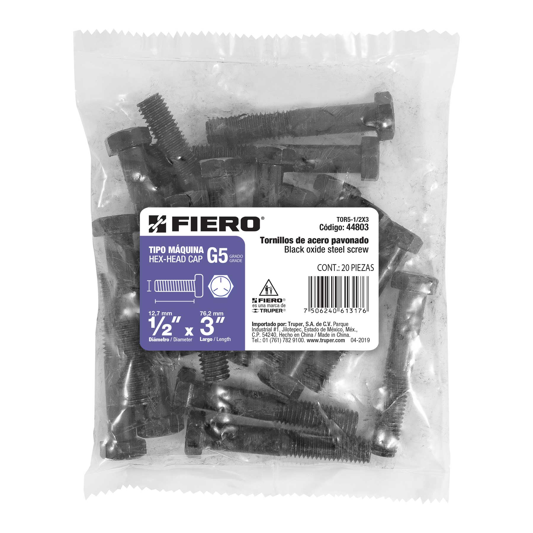Tornillo Grado 5, 1/2 X 3", 20 piezas