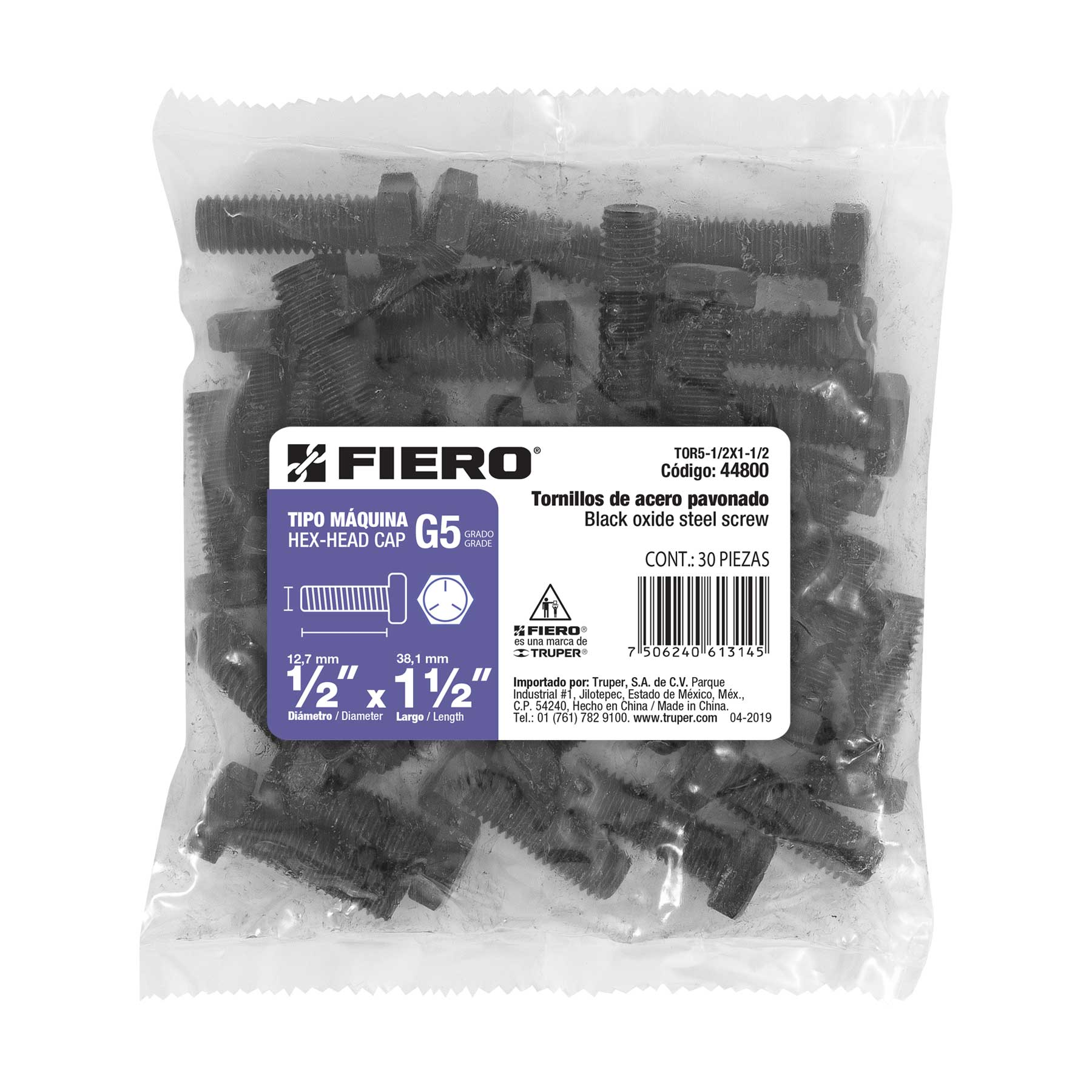Tornillo Grado 5, 1/2 X 1-1/2", 30 piezas