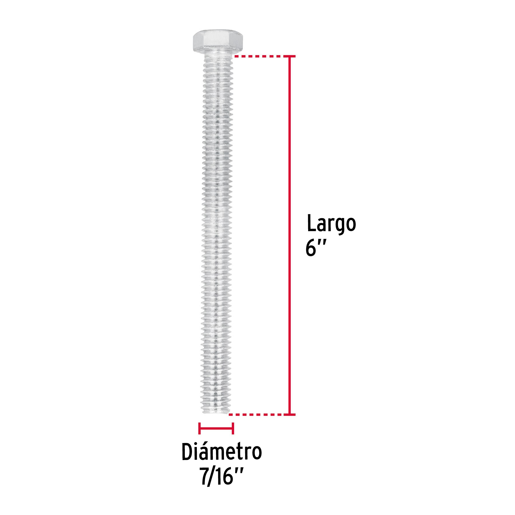 Tornillo acero galvanizado tipo máquina, 7/16X6", 10 pzas