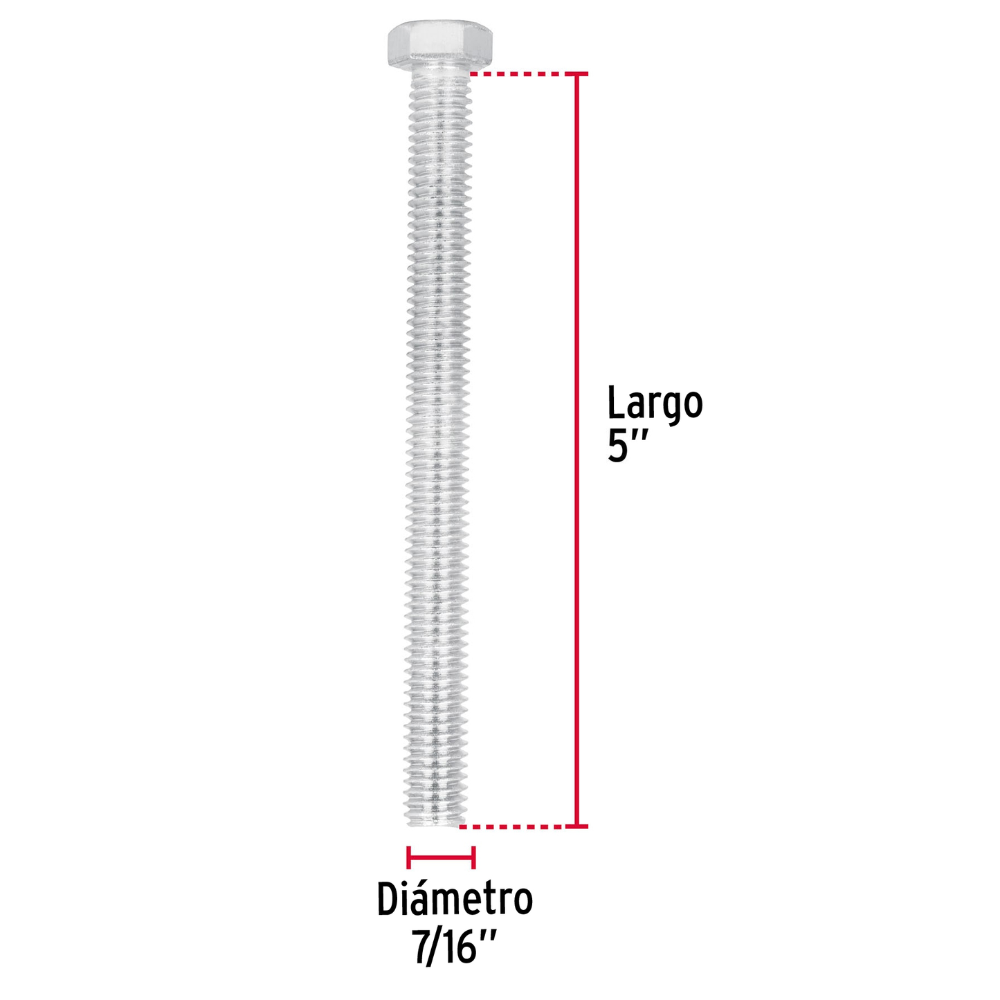 Tornillo acero galvanizado tipo máquina, 7/16X5", 10 pzas