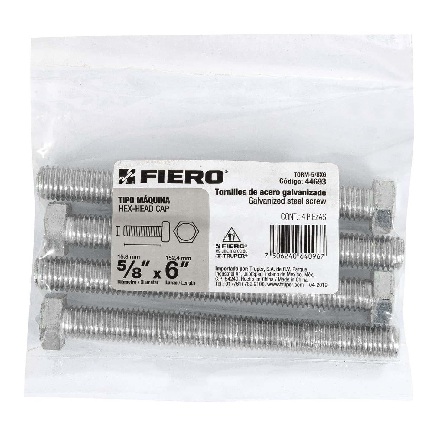Tornillo acero galvanizado tipo máquina, 5/8X6", 4 pzas