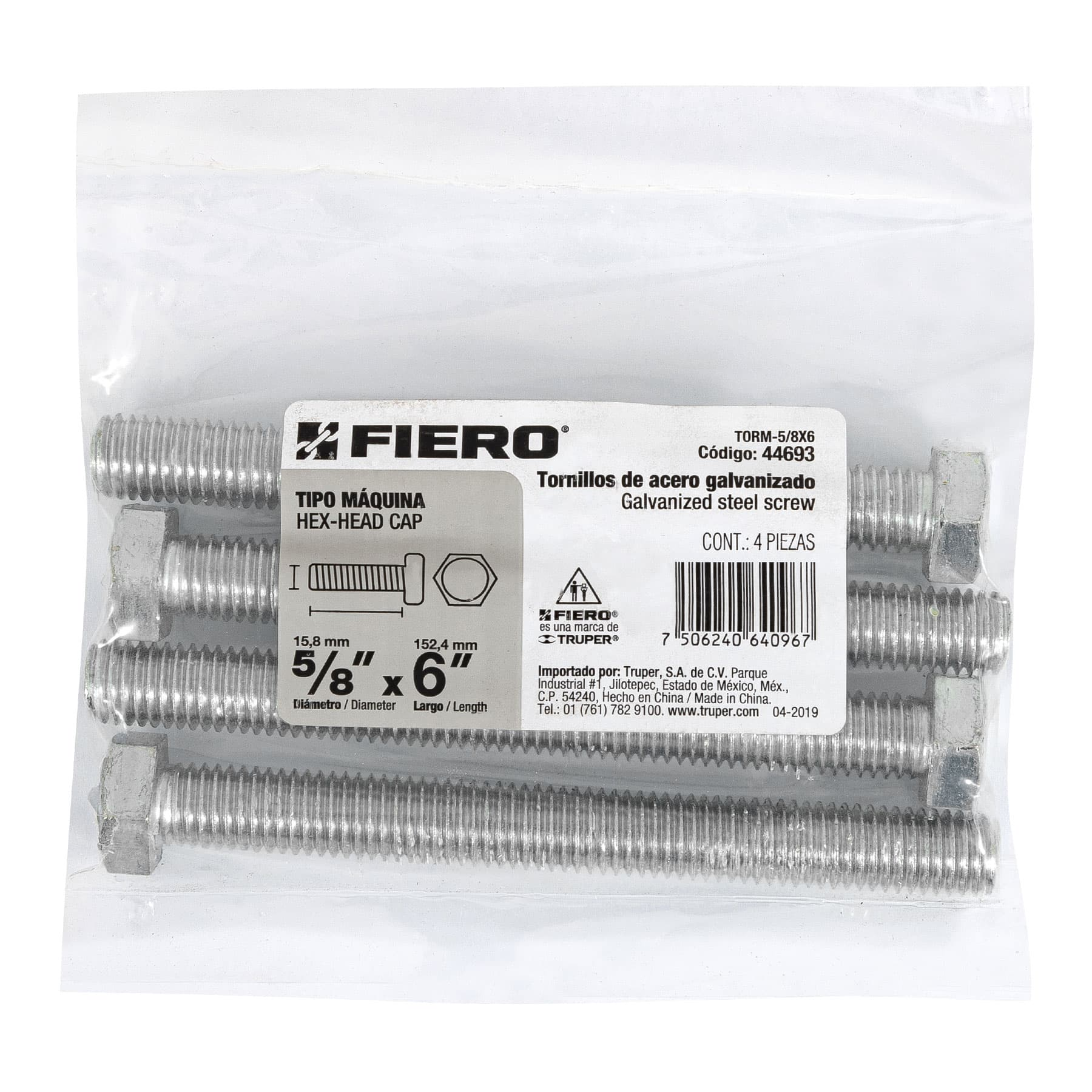 Tornillo acero galvanizado tipo máquina, 5/8X6", 4 pzas